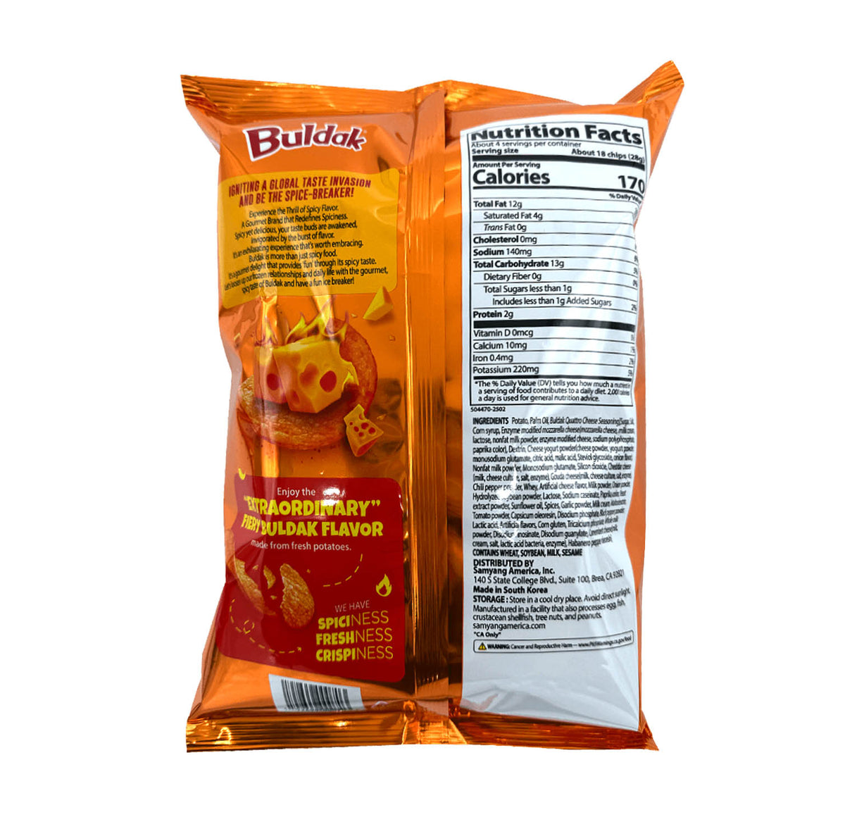 Samyang Buldak Potato Chips Quattro Cheese back of pack with nutrition and ingredients