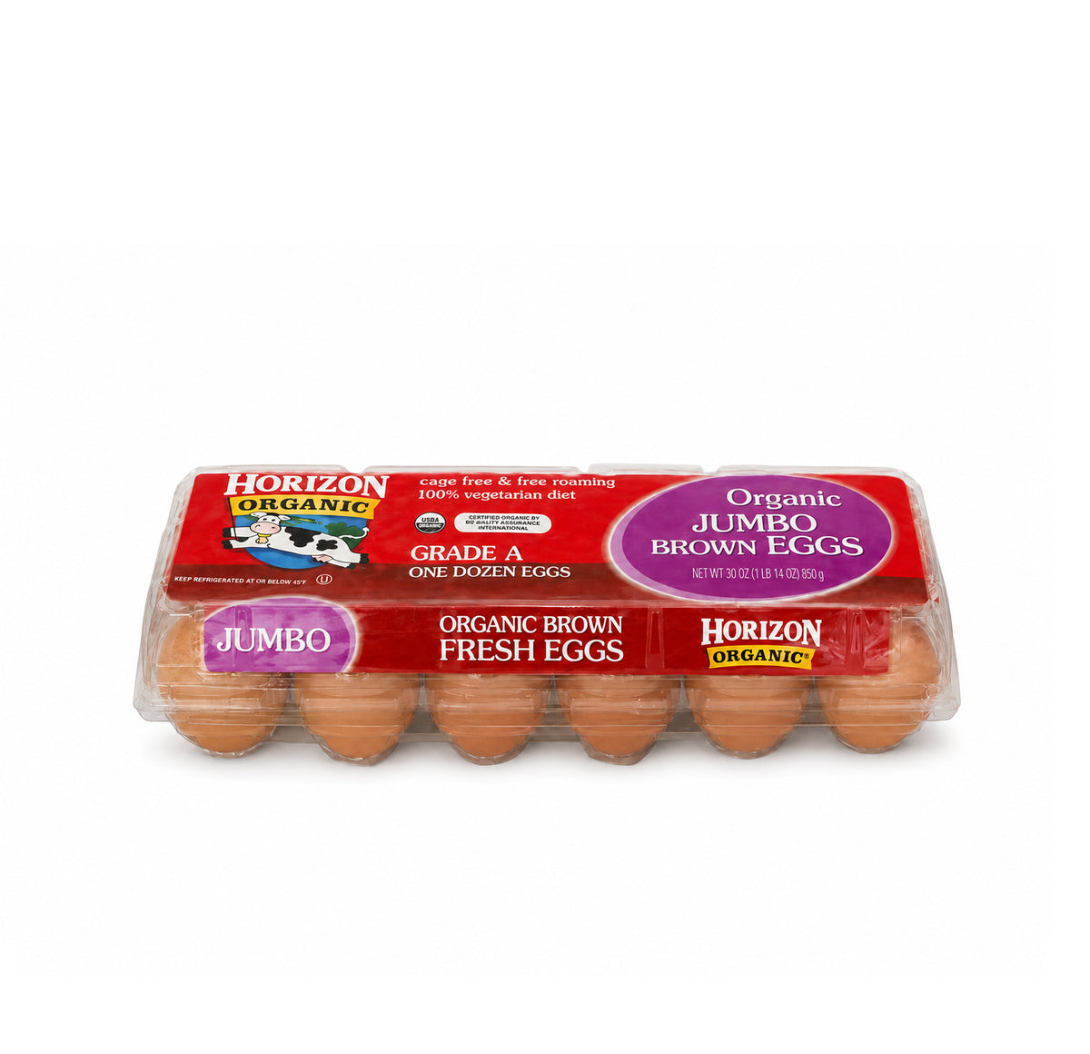 Horizon Organic Jumbo Brown Fresh Eggs, Grade A, one dozen carton, net weight 30 oz (850 g), cage free and free roaming