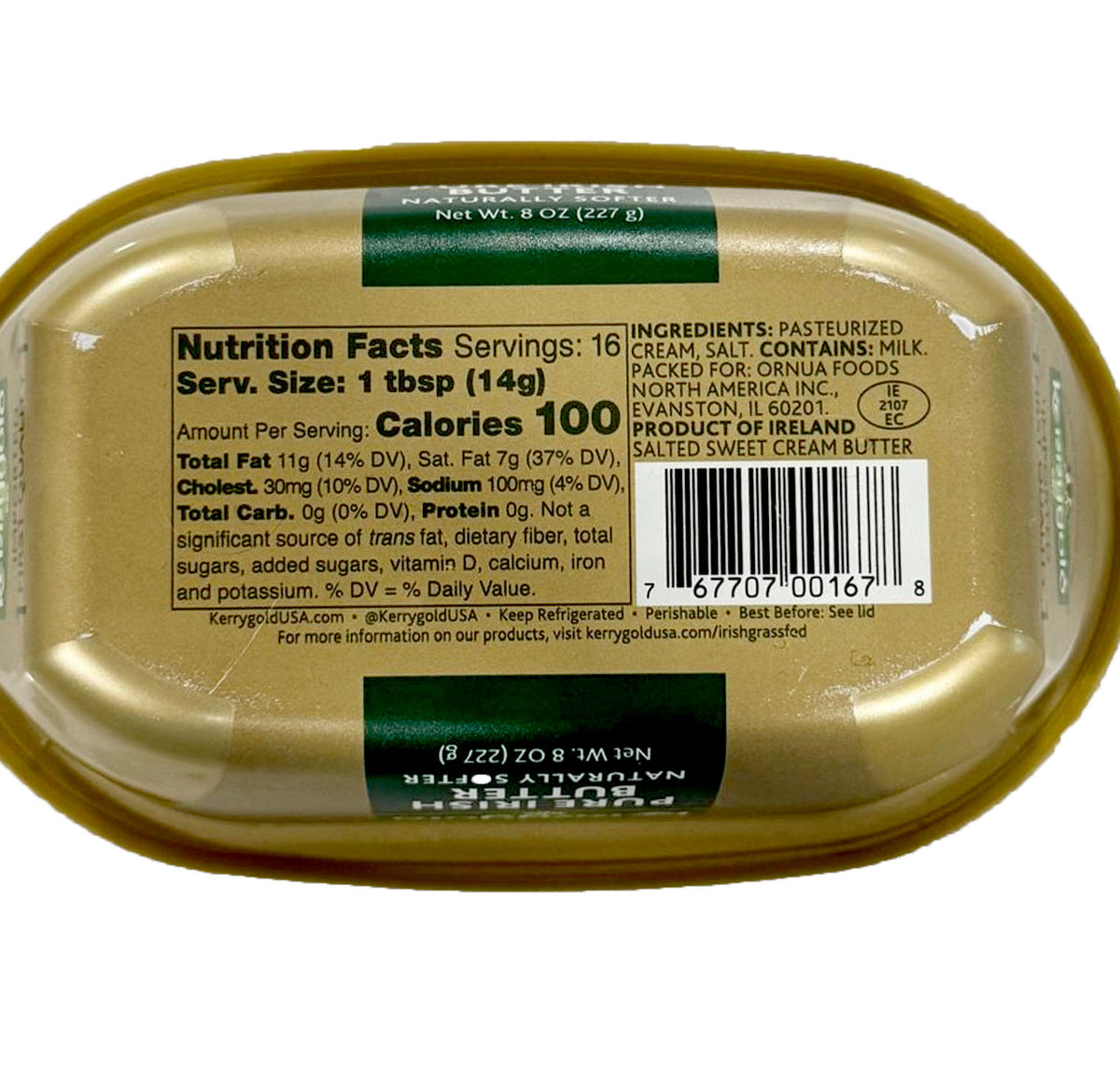 Kerrygold Pure Irish Butter nutrition facts and ingredients panel — 1 tbsp serving, 100 calories, contains milk