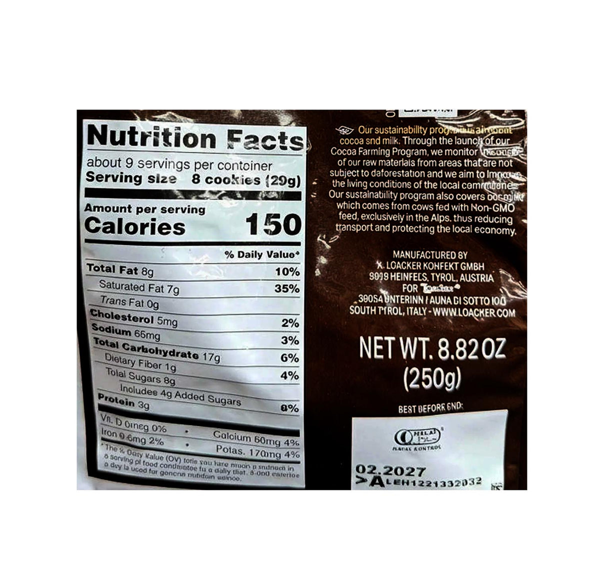 Loacker Quadratini Cocoa and Milk back of pack with nutrition facts and ingredients