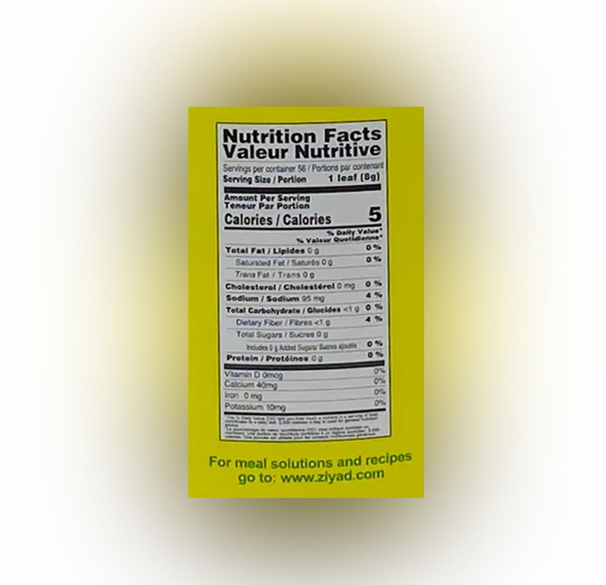 Ziyad California Style Grape Leaves back of jar with nutrition facts