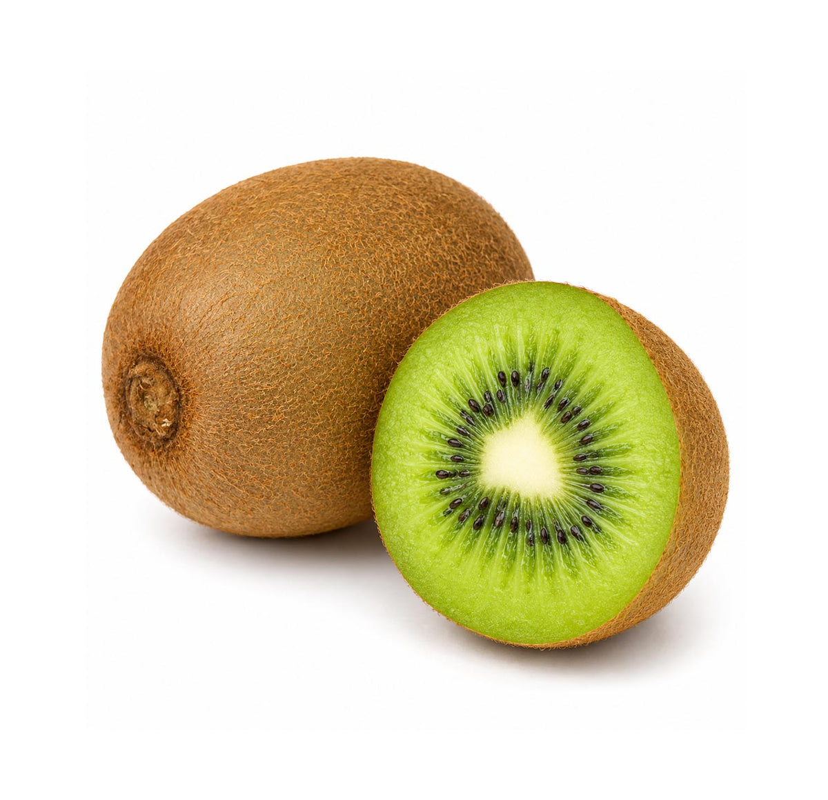 Fresh kiwi, whole and halved showing green flesh and black seeds