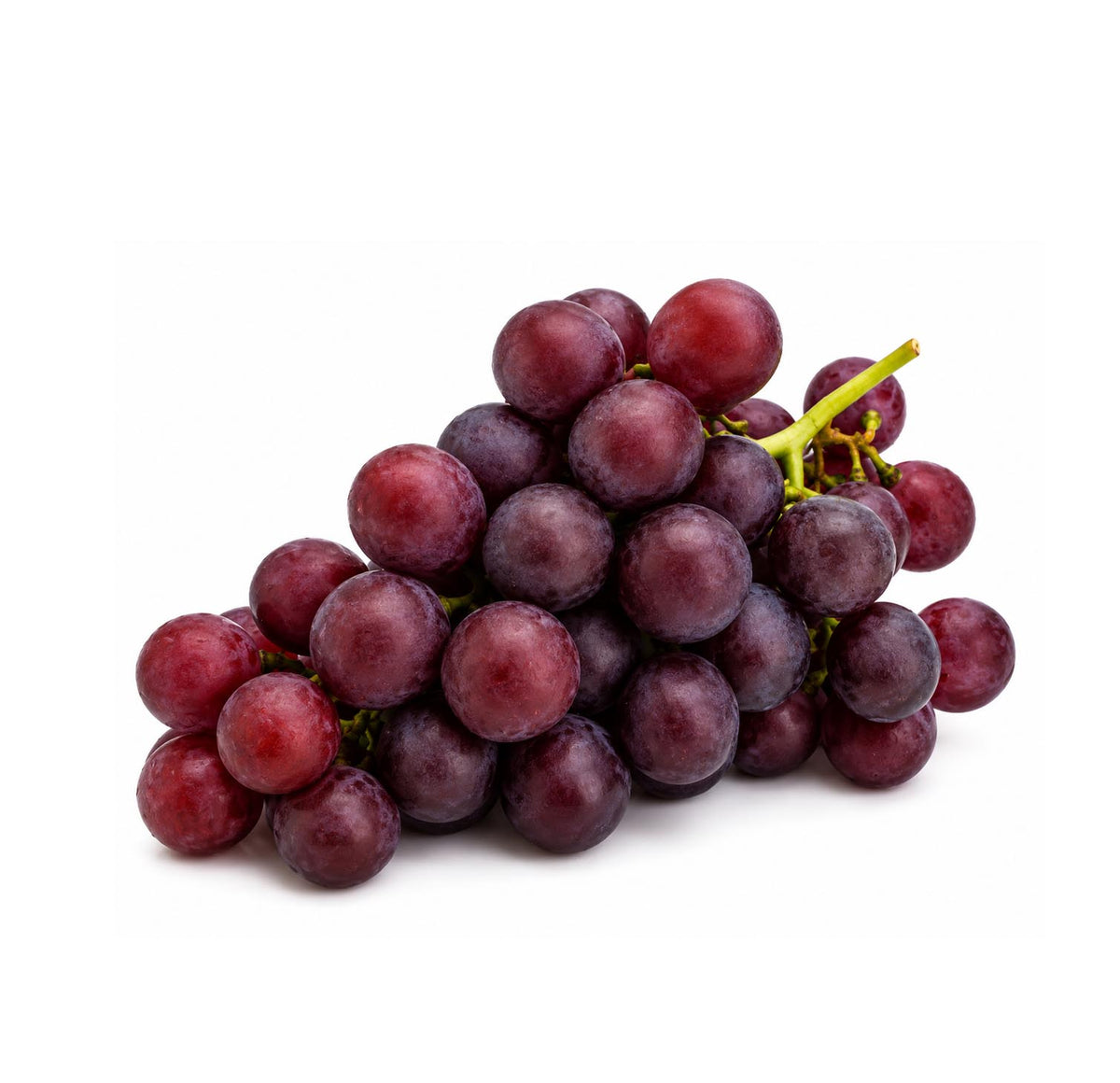 Bunch of fresh red seedless grapes with deep red-purple skins on a white background