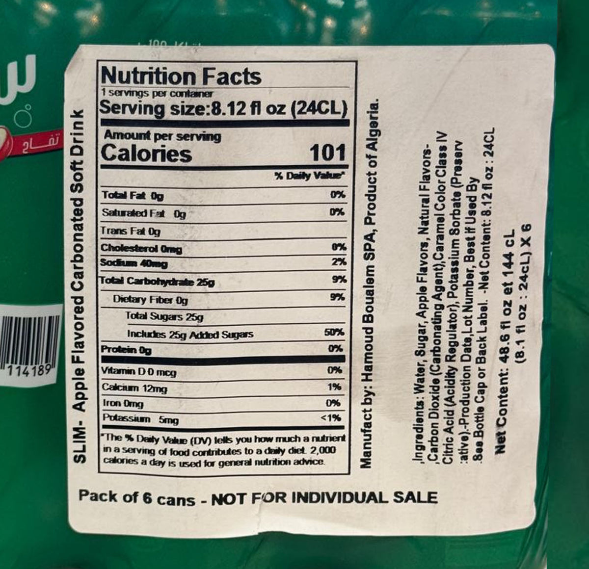 Nutrition Facts and ingredients panel on the Slim Pomme 6-pack wrap