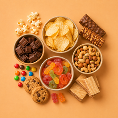 Bowls of crisps, chocolate, gummy sweets and mixed nuts with popcorn, cookies, wafers and chocolate bars on an orange background