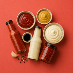 Bowls of ketchup, mustard and mayonnaise with bottles of hot sauce and creamy dressing, a jar of chilli relish and garlic on a red background