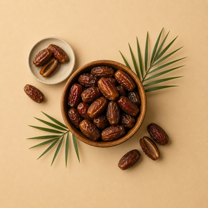 Wooden bowl of whole dates with palm fronds and a small dish of dates on a sand-coloured background