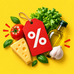 Deals and specials — a red percent-sign price tag among fresh produce, cheese and olive oil