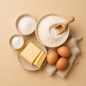 Bowls of flour, sugar and baking powder with butter and eggs on a beige background