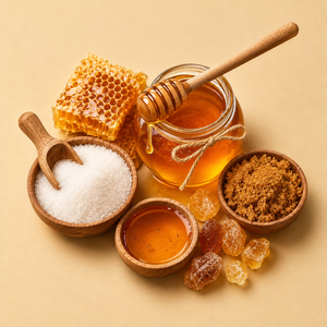 Jar of honey with a dipper, honeycomb, white and brown sugar and rock sugar crystals on a beige background