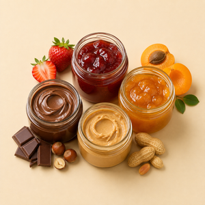 Jars of strawberry jam, apricot jam, chocolate hazelnut spread and peanut butter with fresh fruit and nuts on a beige background