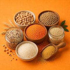 Bowls of chickpeas, brown and red lentils, white rice, mixed grains, couscous and bulgur with wheat ears on an orange background