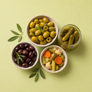 Bowls of green and black olives, a jar of gherkins and mixed pickled vegetables on a green background