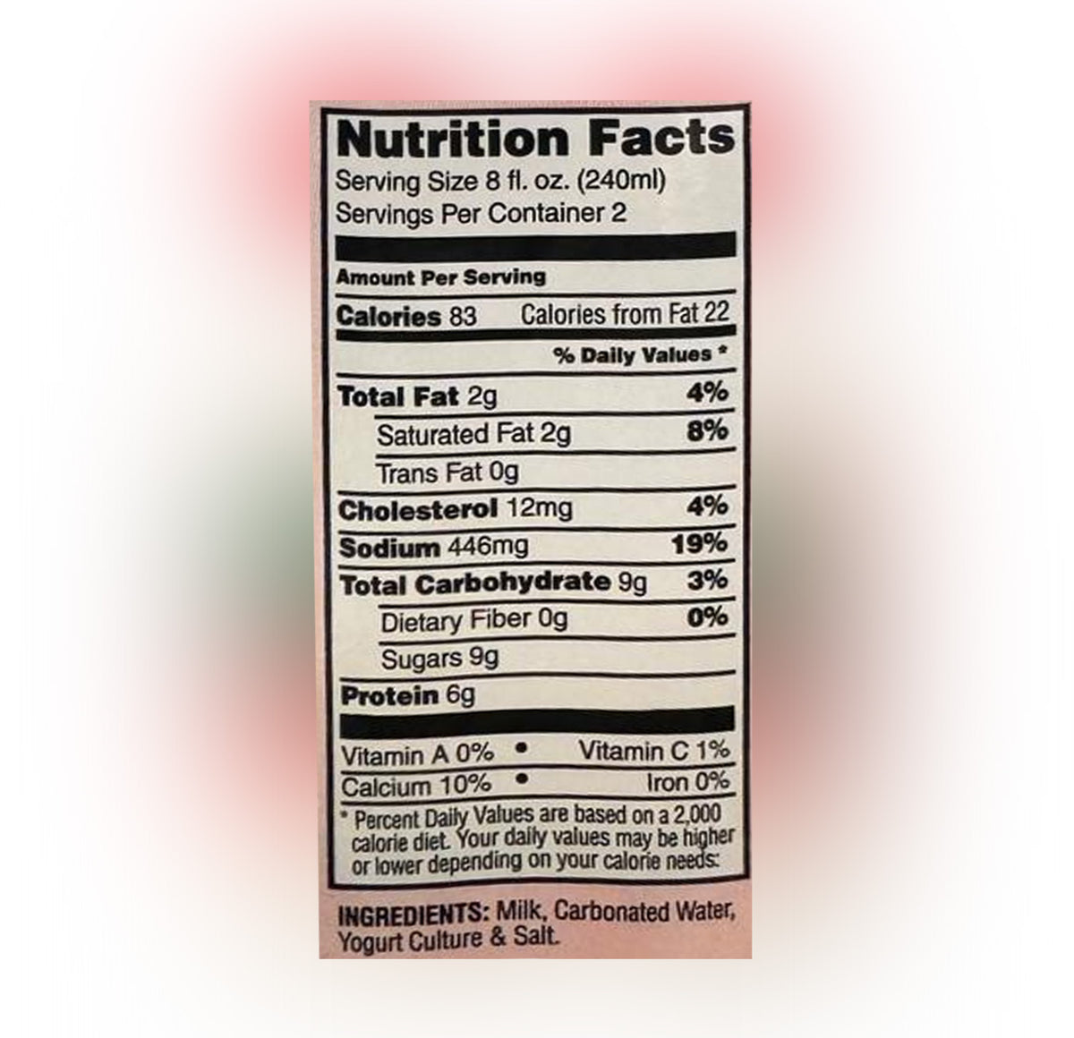 Abali Yogurt Soda nutrition facts and ingredients label