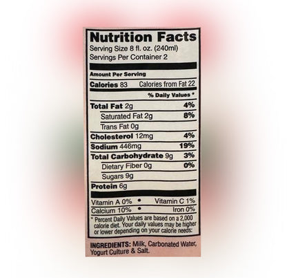 Abali Yogurt Soda nutrition facts and ingredients label