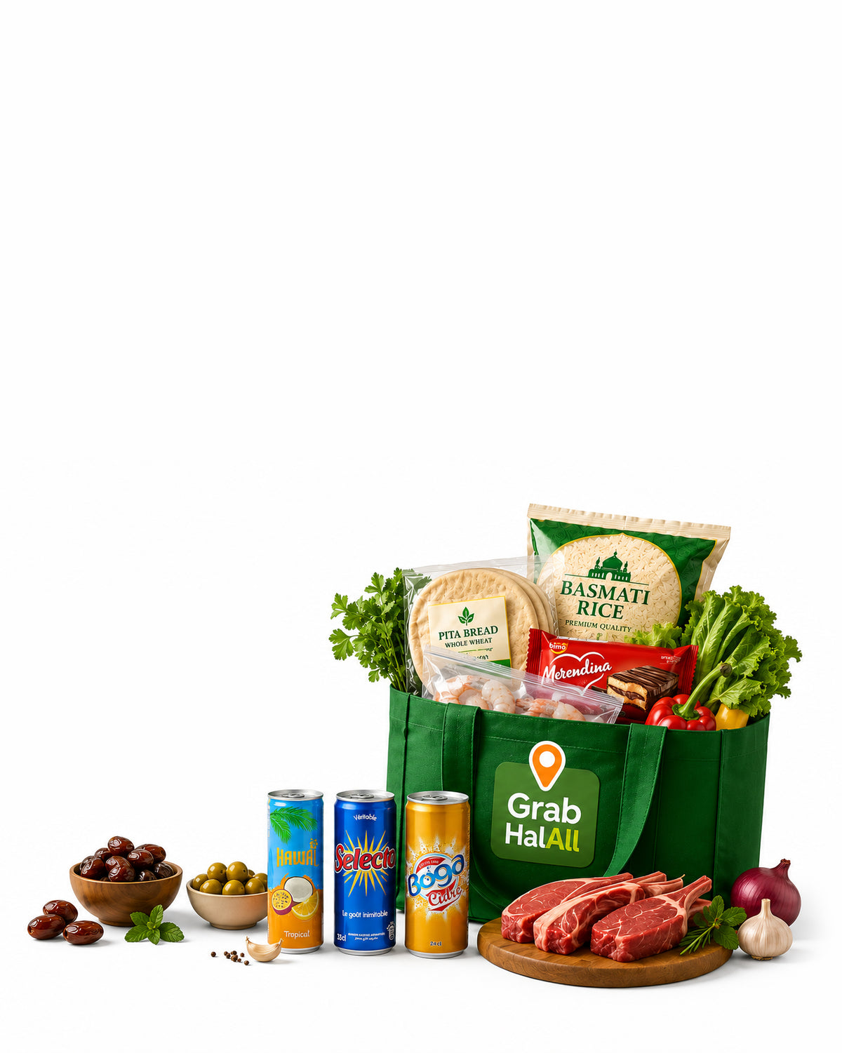 GrabHalAll green tote bag filled with halal groceries, with drinks, dates, olives and lamb chops arranged around it