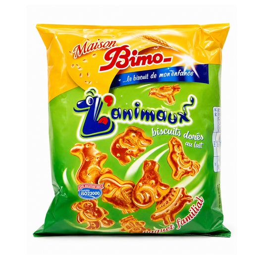 Bimo L'animaux Biscuits Dorés au Lait family pack, front of bag showing animal-shaped biscuits