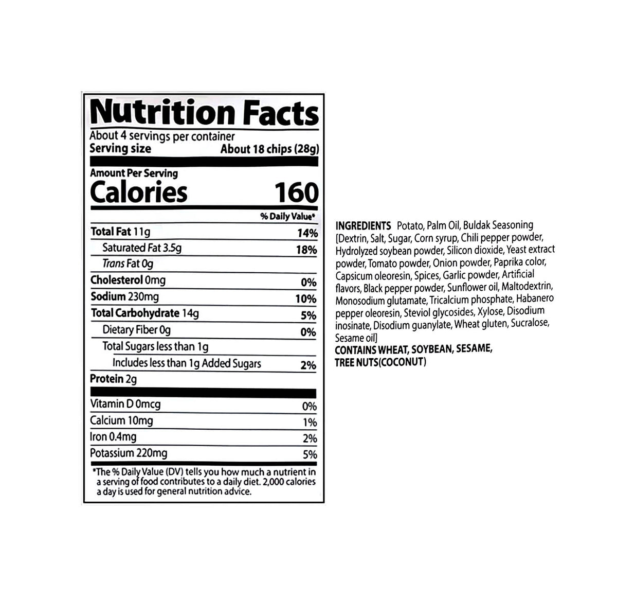Samyang Buldak Potato Chips Original nutrition facts and ingredients