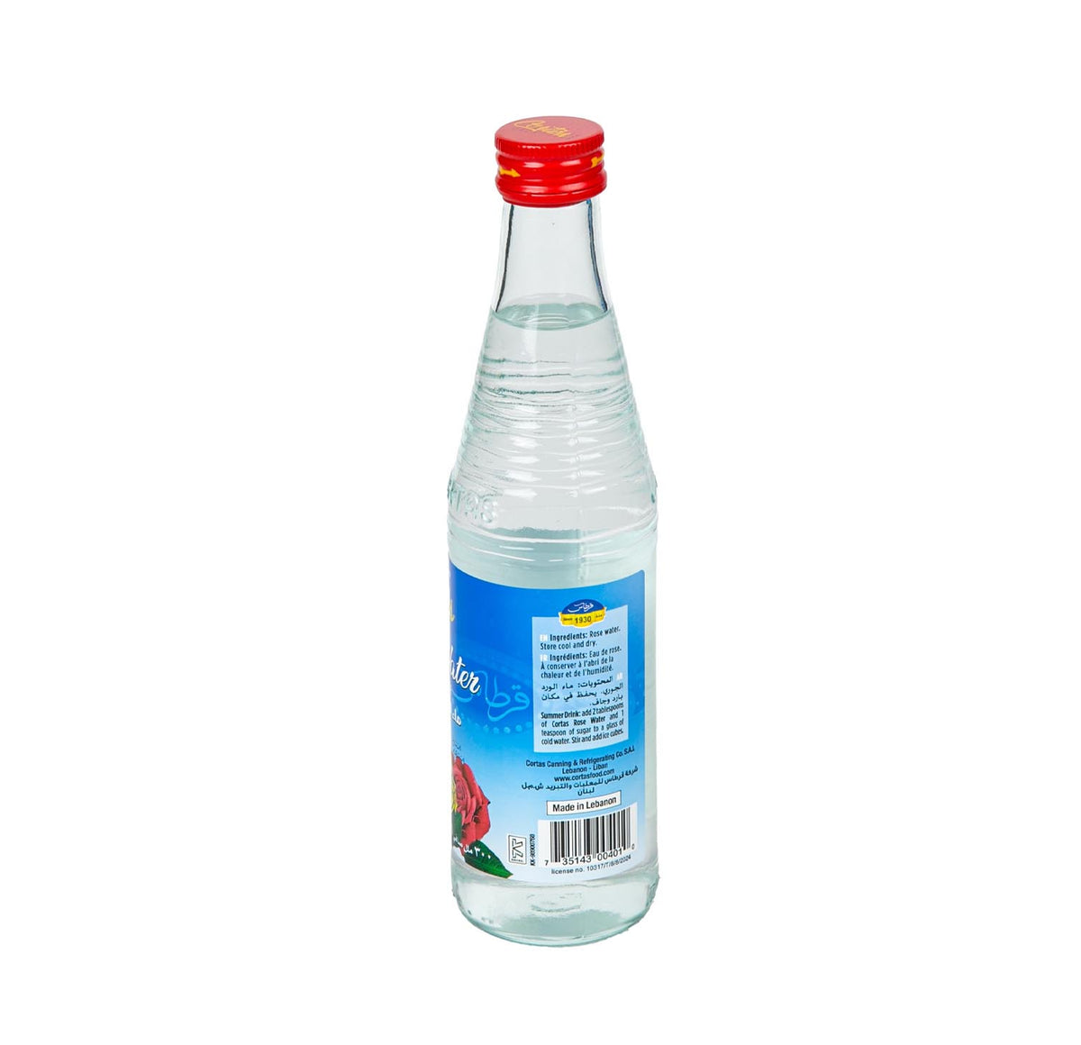 Cortas Rose Water — back label & ingredients