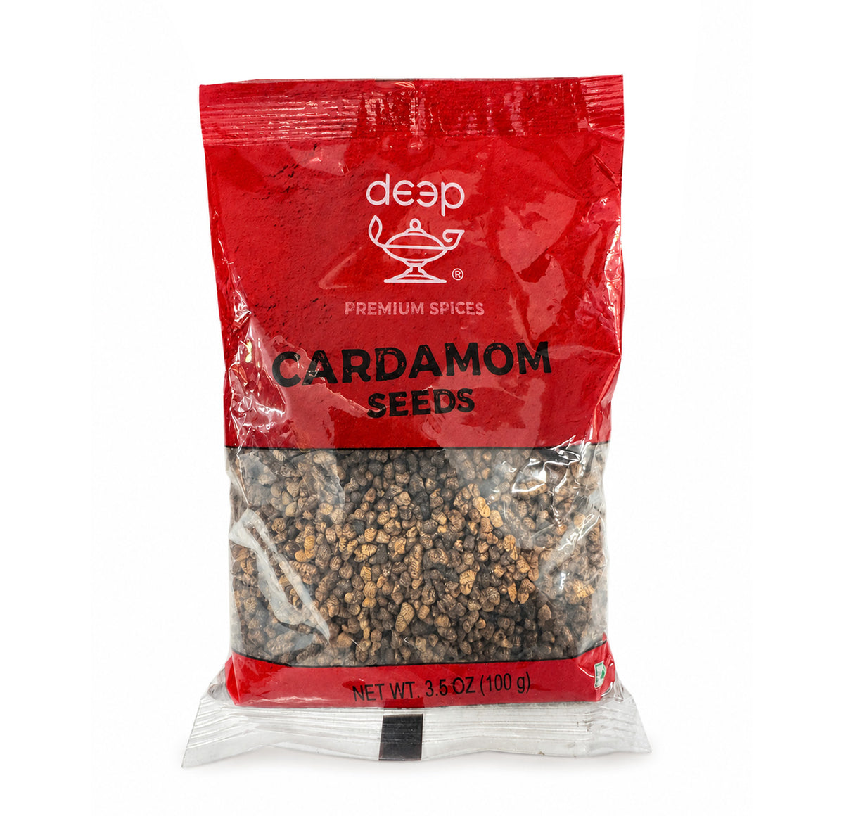 Deep Cardamom Seeds, 3.5 oz red resealable pouch of decorticated green cardamom seeds