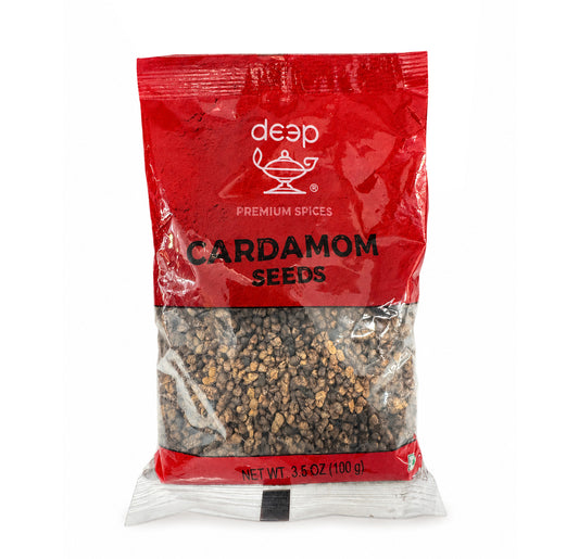 Deep Cardamom Seeds, 3.5 oz red resealable pouch of decorticated green cardamom seeds