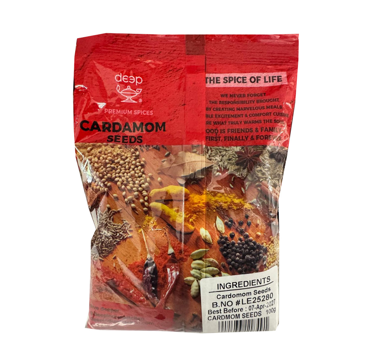 Deep Cardamom Seeds ingredients label — cardamom seeds, net weight 100g