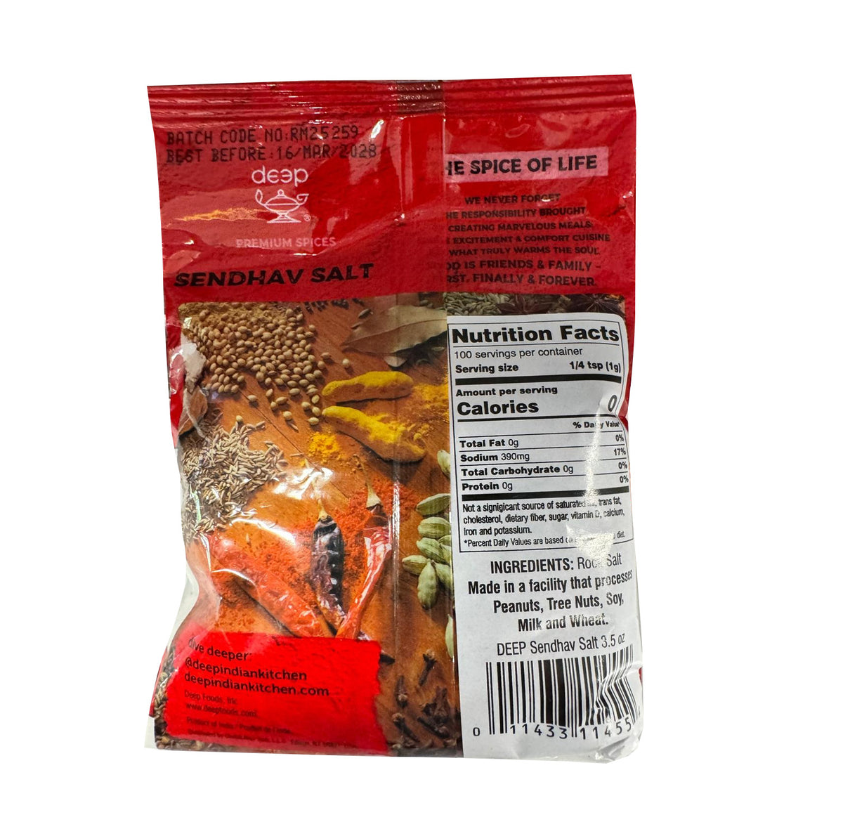 Deep Sendhav Salt nutrition facts and ingredients — rock salt, 390mg sodium per 1/4 tsp, made in a facility processing peanuts, tree nuts, soy, milk and wheat