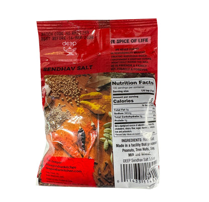 Deep Sendhav Salt nutrition facts and ingredients — rock salt, 390mg sodium per 1/4 tsp, made in a facility processing peanuts, tree nuts, soy, milk and wheat