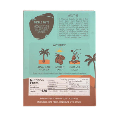 Deglet Noor pitted dates back of carton with nutrition facts and ingredients