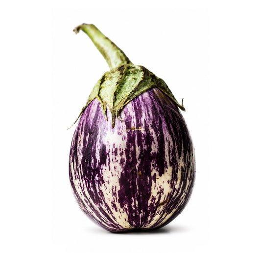 Graffiti eggplant, a small round aubergine streaked in purple and white