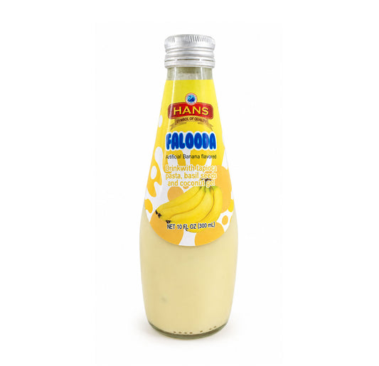 Hans Falooda banana flavoured drink, 300 mL glass bottle with tapioca pasta, basil seeds and coconut gel