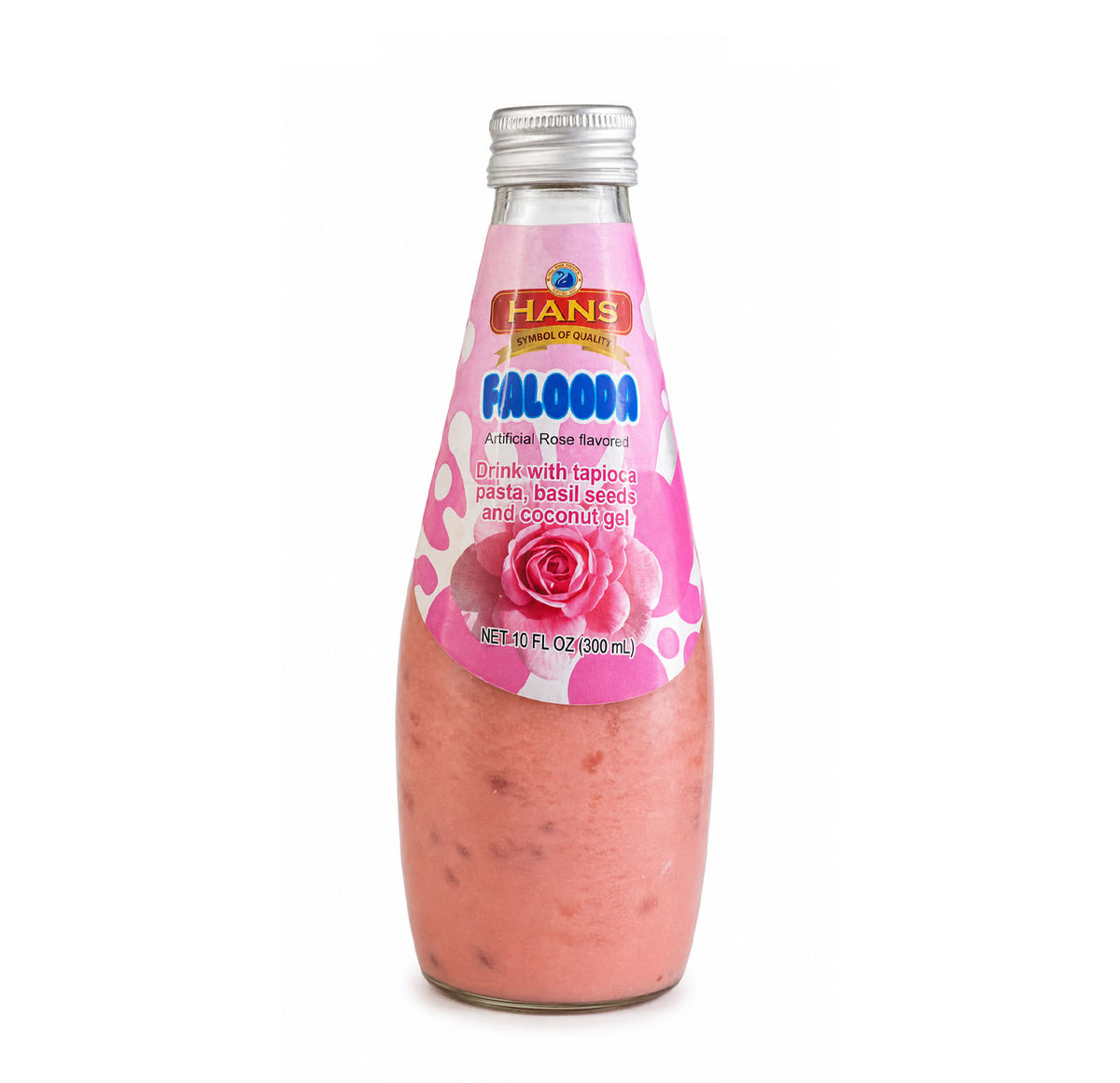 Hans Falooda rose flavoured drink, 300 mL glass bottle with tapioca pasta, basil seeds and coconut gel