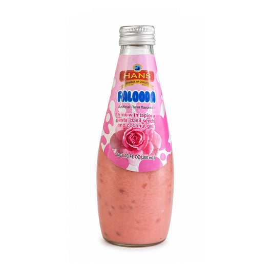 Hans Falooda rose flavoured drink, 300 mL glass bottle with tapioca pasta, basil seeds and coconut gel