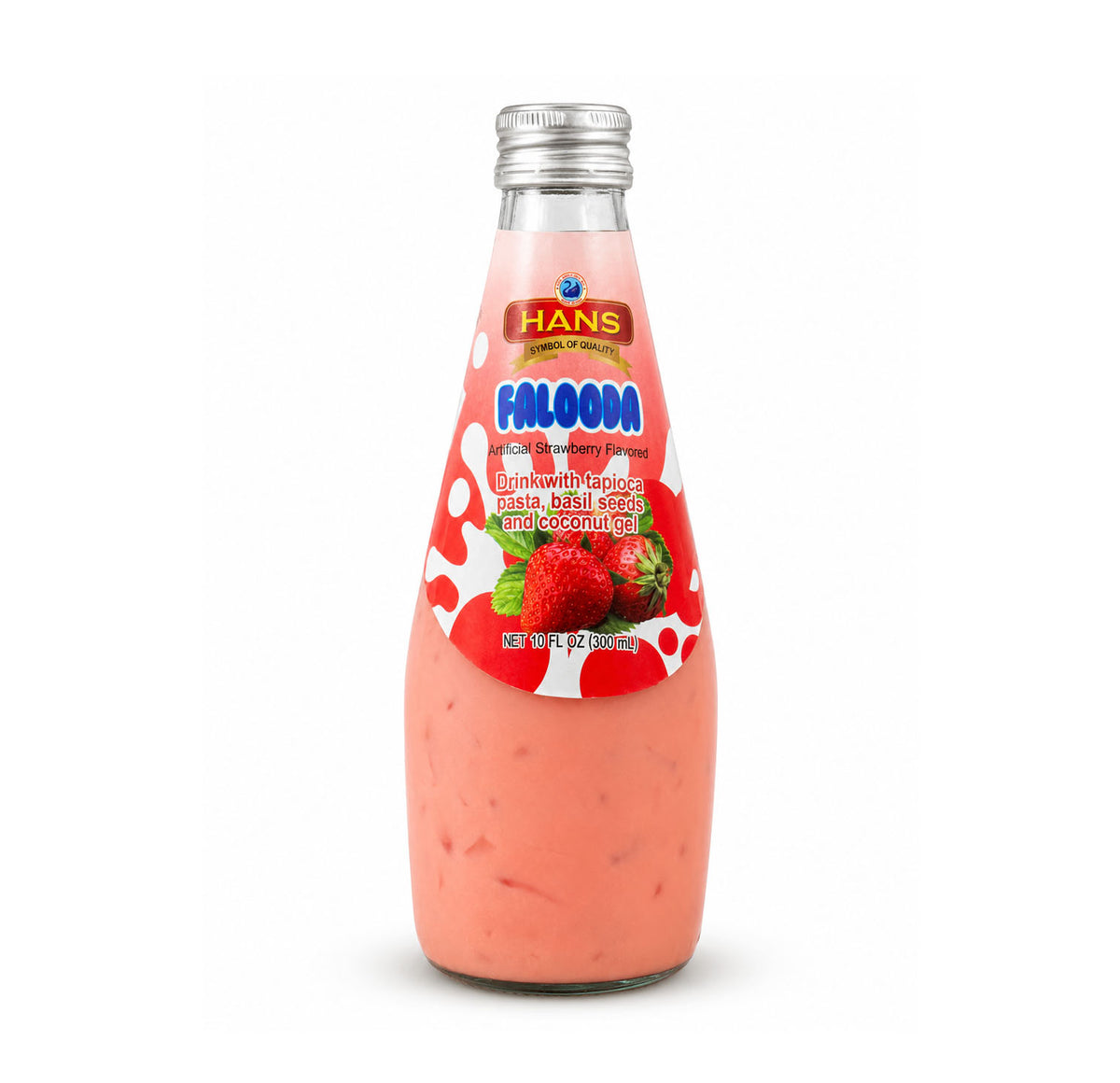 Hans Falooda strawberry flavoured drink, 300 mL glass bottle with tapioca pasta, basil seeds and coconut gel