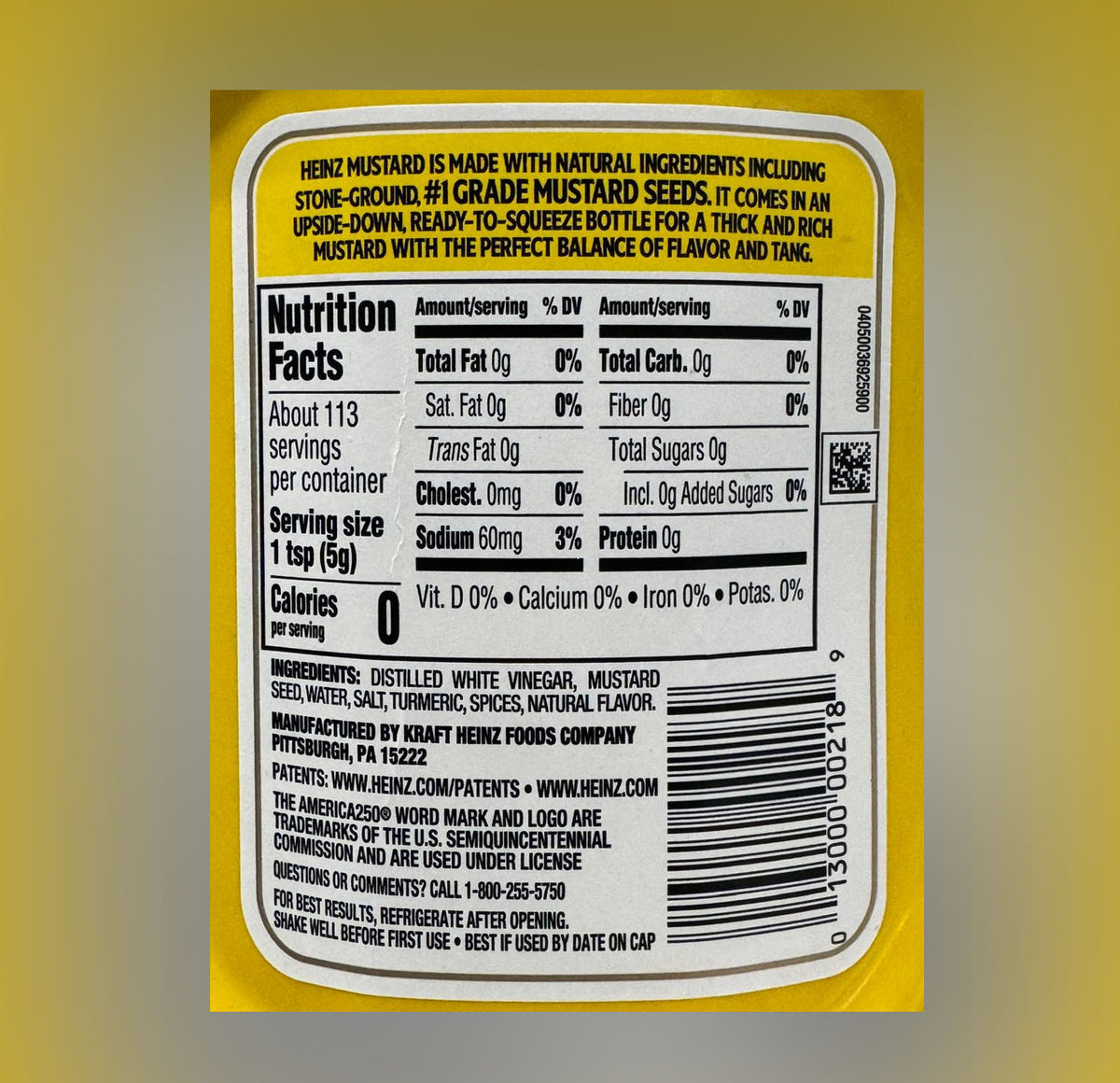 Heinz Yellow Mustard nutrition facts and ingredients panel — 1 tsp serving, 0 calories, 60mg sodium