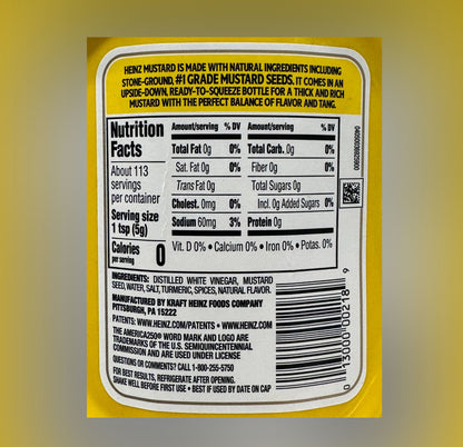 Heinz Yellow Mustard nutrition facts and ingredients panel — 1 tsp serving, 0 calories, 60mg sodium