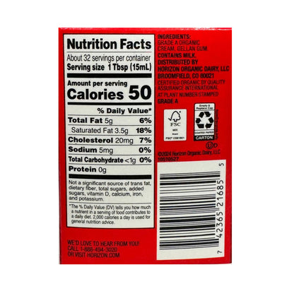 Horizon Heavy Whipping Cream nutrition facts and ingredients panel — 1 Tbsp serving, 50 calories, contains milk