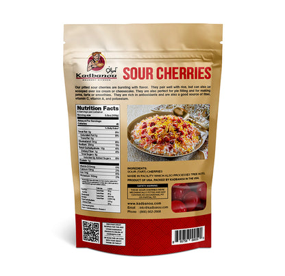 Kadbanou Sour Cherries back of pouch with nutrition facts, ingredients and pit warning