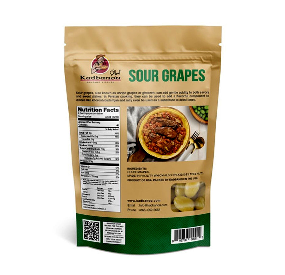 Kadbanou Sour Grapes back of pouch with nutrition facts and ingredients