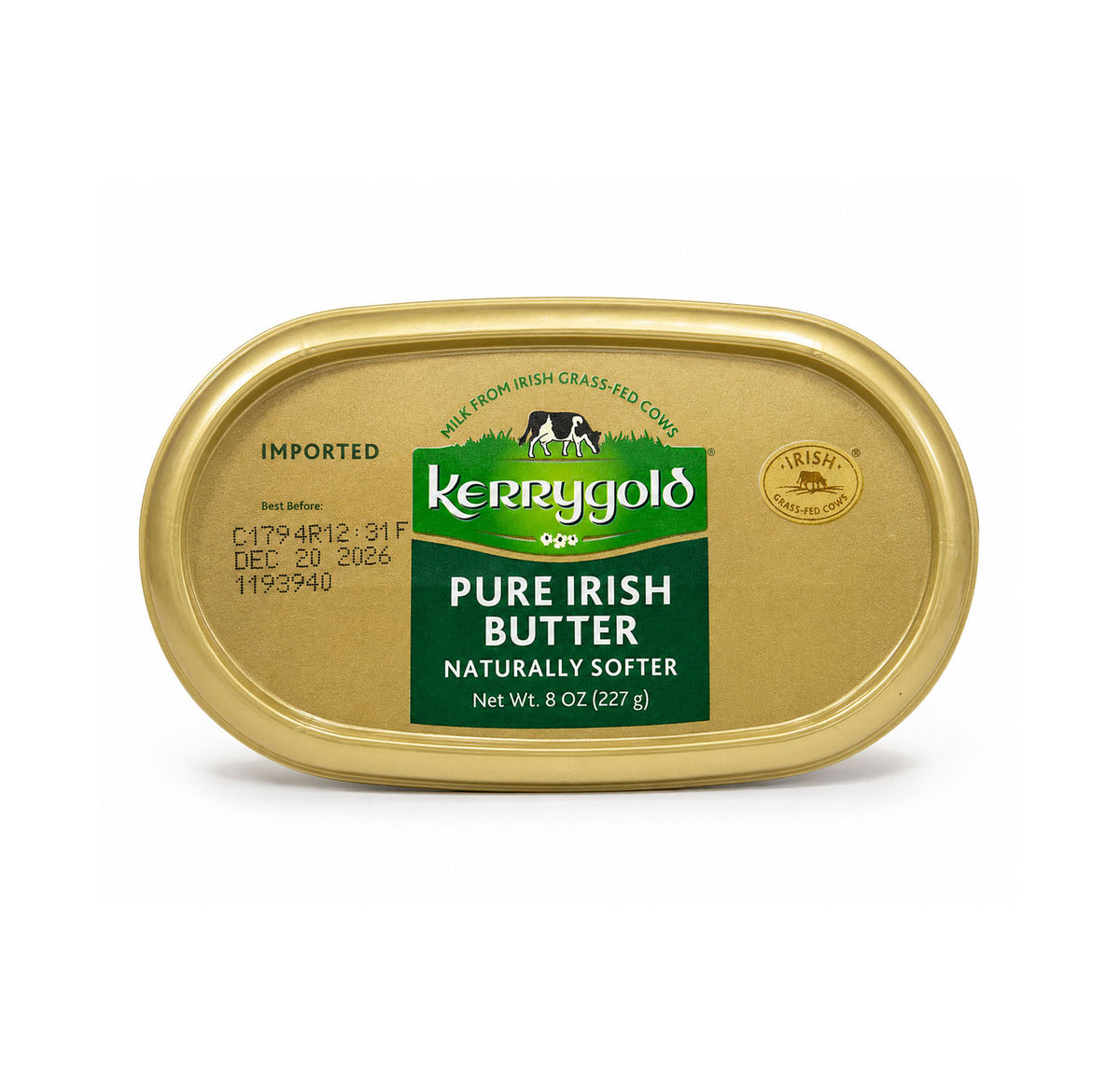 Kerrygold Pure Irish Butter tub lid, showing milk from Irish grass-fed cows
