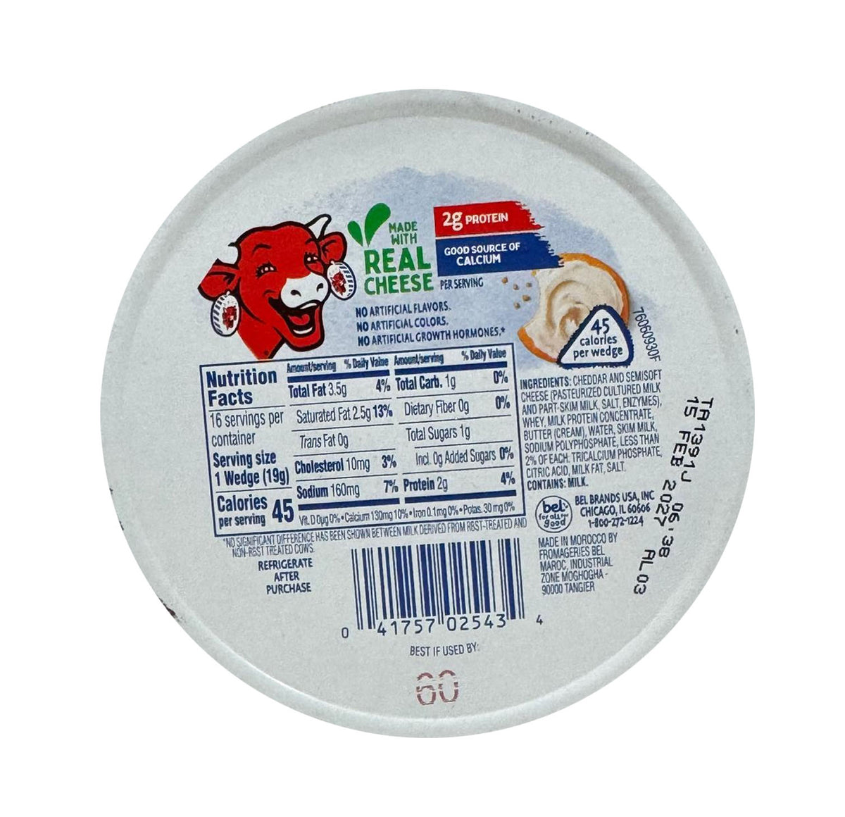 The Laughing Cow Original nutrition facts and ingredients panel — 1 wedge serving, 45 calories, contains milk
