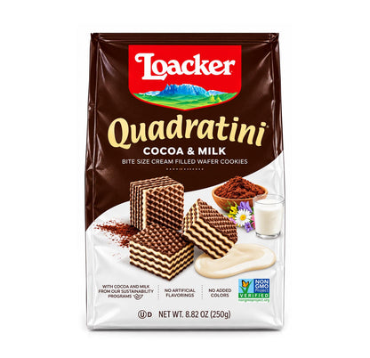 Loacker Quadratini Cocoa and Milk wafer cookies 250g bag