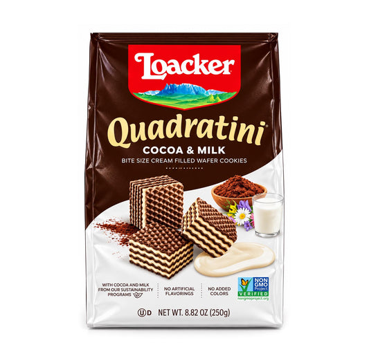 Loacker Quadratini Cocoa and Milk wafer cookies 250g bag