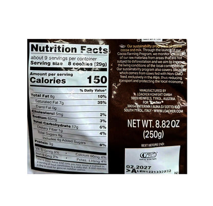 Loacker Quadratini Cocoa and Milk back of pack with nutrition facts and ingredients