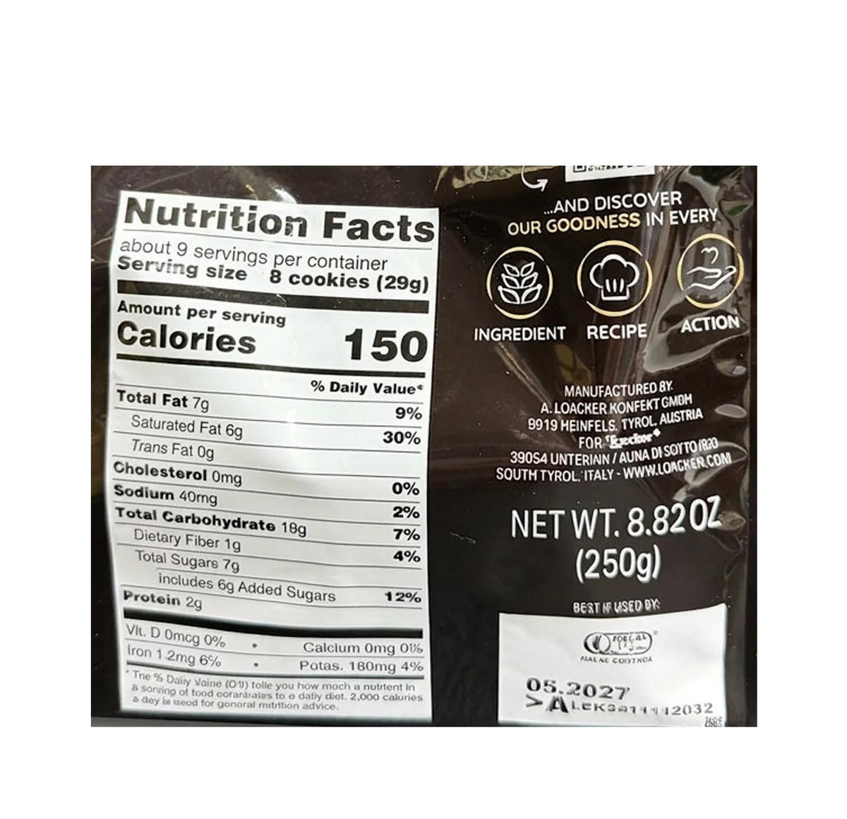 Loacker Quadratini Dark Chocolate back of pack with nutrition facts and ingredients