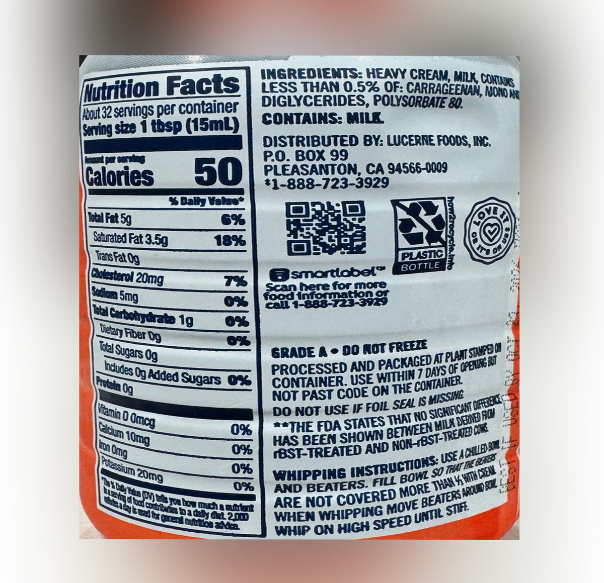 Lucerne Heavy Whipping Cream nutrition facts and ingredients panel — 1 tbsp serving, 50 calories, contains milk