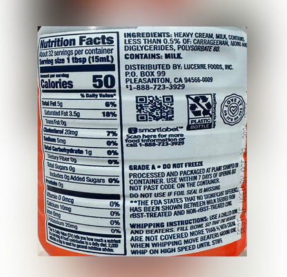 Lucerne Heavy Whipping Cream nutrition facts and ingredients panel — 1 tbsp serving, 50 calories, contains milk