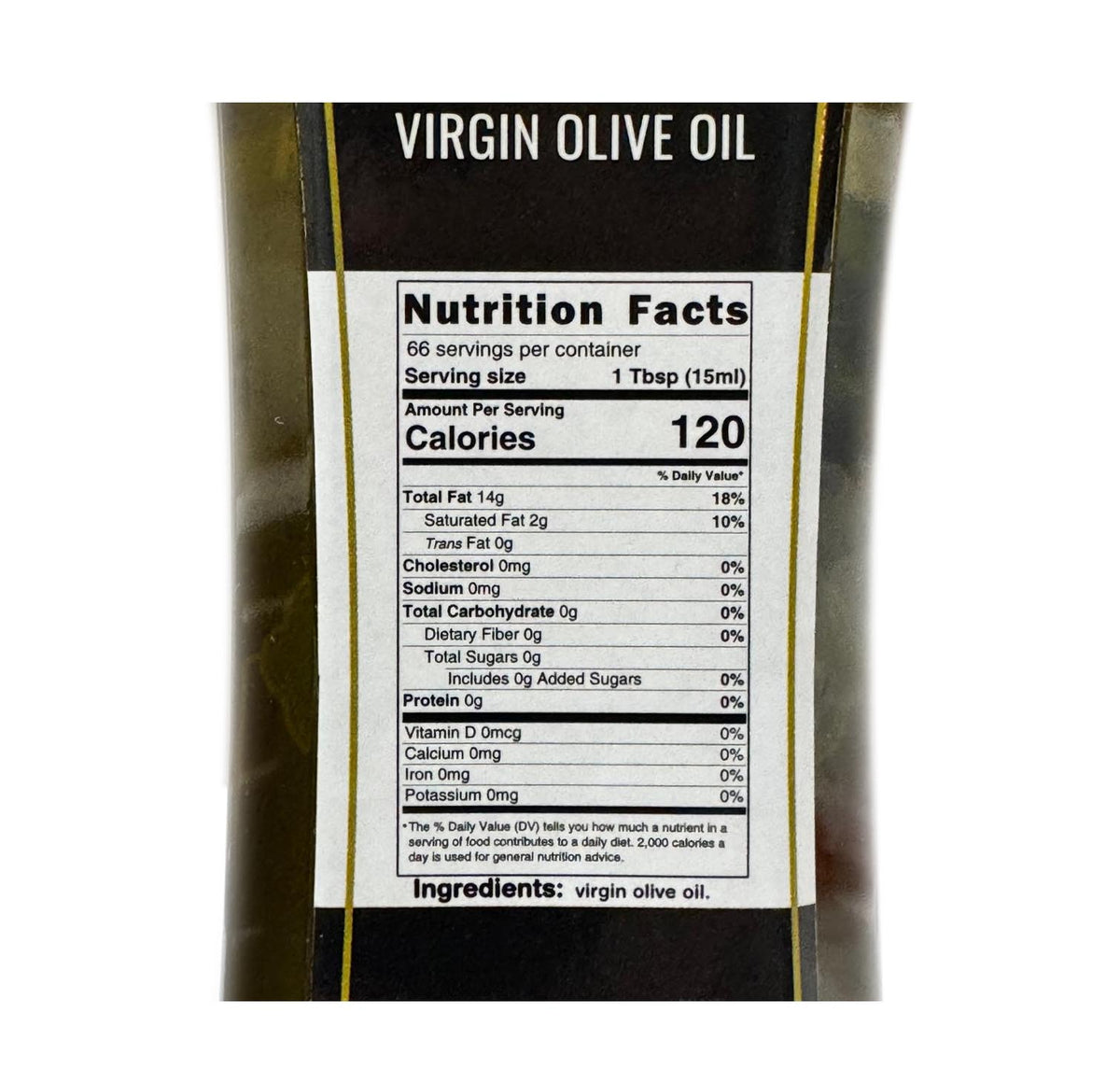 MASA virgin olive oil back label with nutrition facts and ingredients