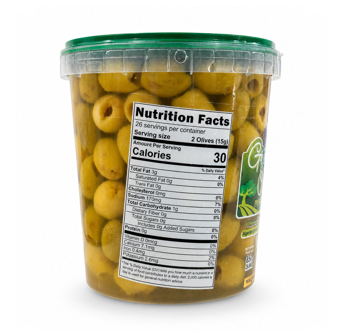 MASA Green Olives Pitted back of pack with nutrition facts