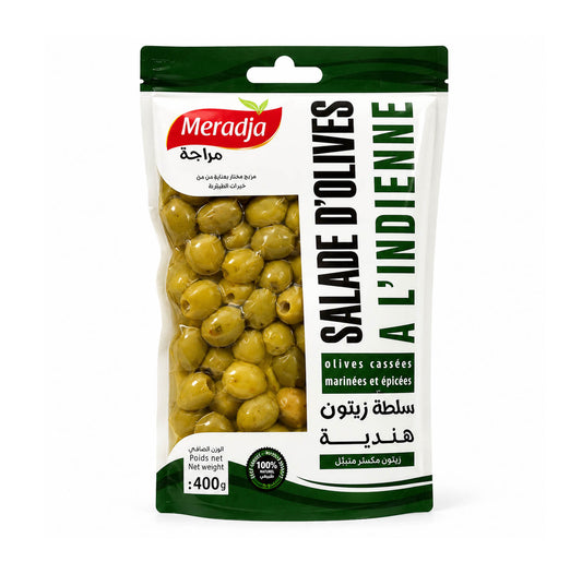 Meradja Salade d'Olives à l'Indienne, 400g pouch of cracked spiced green olives